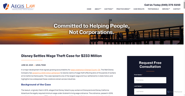 Security scan screenshot of https://www.aegislawfirm.com/blog/2025/06/disney-settles-wage-theft-case-for-233-million/