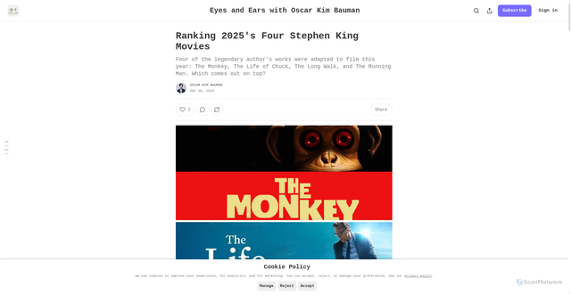 Security scan screenshot of https://oscarkimbauman.substack.com/p/ranking-2025s-four-stephen-king-movies