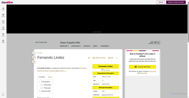 Security scan screenshot of https://skam-espana.fandom.com/wiki/Fernando_Lindez
