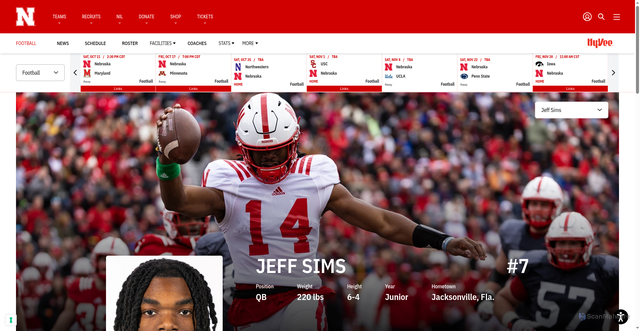 Security scan screenshot of https://huskers.com/sports/football/roster/player/jeff-sims