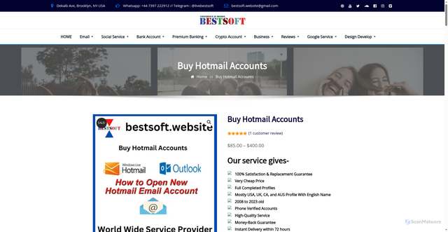 Security scan screenshot of https://bestsoft.website/product/hotmail-accounts/