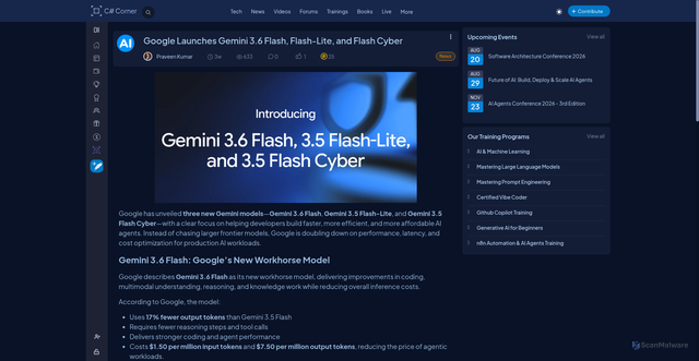 Security scan screenshot of https://www.c-sharpcorner.com/news/google-launches-gemini-36-flash-flashlite-and-flash-cyber