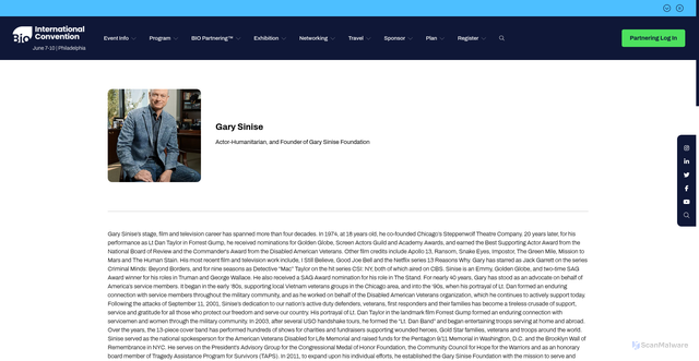 Security scan screenshot of https://convention.bio.org/speakers/gary-sinise