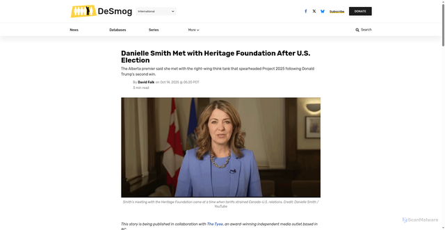 Security scan screenshot of https://www.desmog.com/2025/10/14/danielle-smith-met-with-heritage-foundation-after-u-s-election/
