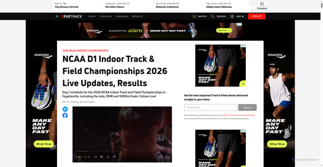 Security scan screenshot of https://www.flotrack.org/articles/15620110-ncaa-d1-indoor-track-field-championships-2026-live-updates-results