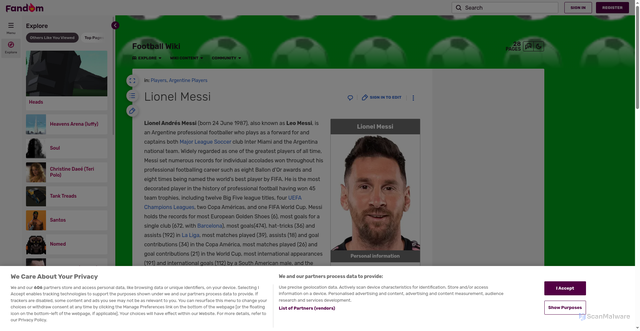 Security scan screenshot of https://footballworld.fandom.com/wiki/Lionel_Messi