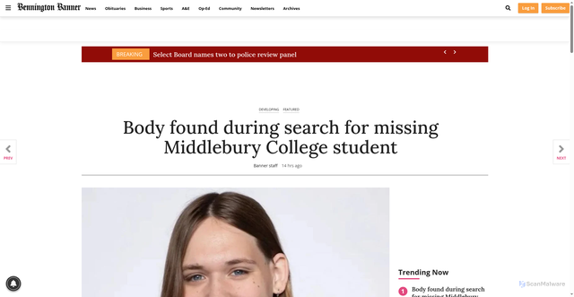 Security scan screenshot of https://www.benningtonbanner.com/news/state/body-found-during-search-for-missing-middlebury-college-student/article_b0e91e25-e517-46d6-9a85-f7c487a4364a.html