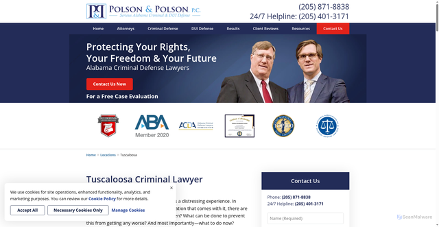 Security scan screenshot of https://www.polsonlawfirm.com/locations/tuscaloosa/