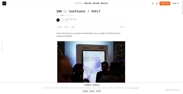 Security scan screenshot of https://unclestocknotes.substack.com/p/ibm-confluent-cflt
