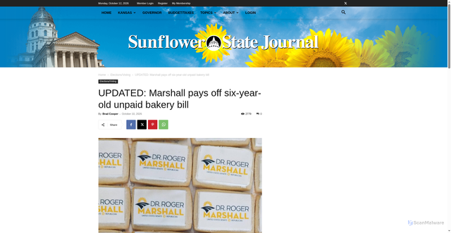 Security scan screenshot of https://sunflowerstatejournal.com/marshall-pays-off-six-year-old-unpaid-bakery-bill/