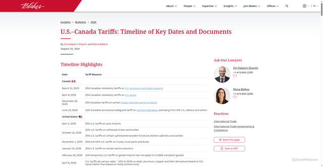 Security scan screenshot of https://www.blakes.com/insights/us-canada-tariffs-timeline-of-key-dates-and-documents/