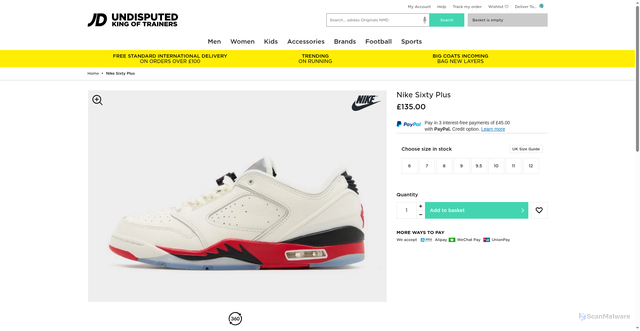 Security scan screenshot of https://www.global.jdsports.com/product/white-nike-sixty-plus/791259/