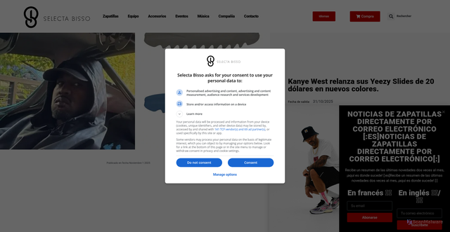 Security scan screenshot of https://selectabisso.com/es/kanye-west-relance-ses-slides-yeezy-a-20-dans-de-nouveaux-coloris/