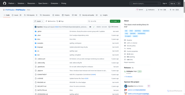 Security scan screenshot of https://github.com/PHPMailer/PHPMailer