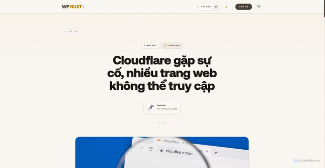 Security scan screenshot of https://wpnuxt-dlr.pages.dev/cloudflare-gap-su-co-nhieu-trang-web-khong-the-truy-cap/