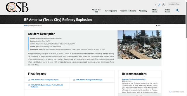 Security scan screenshot of https://www.csb.gov/bp-america-texas-city-refinery-explosion/