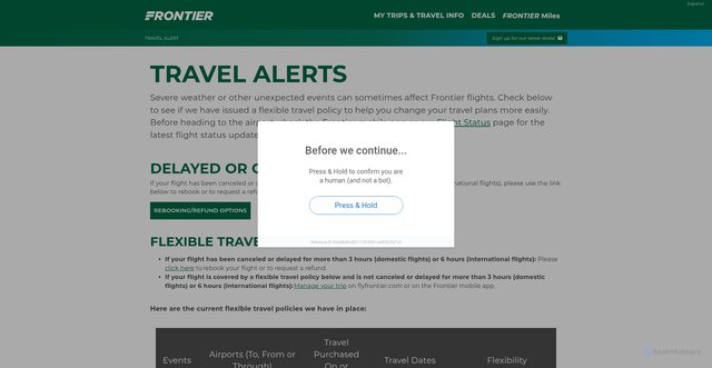 Security scan screenshot of https://www.flyfrontier.com/alert/?mobile=true