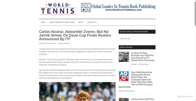 Security scan screenshot of https://worldtennismagazine.com/carlos-alcaraz-alexander-zverev-but-no-jannik-sinner-on-davis-cup-finals-rosters-announced-by-itf/26352