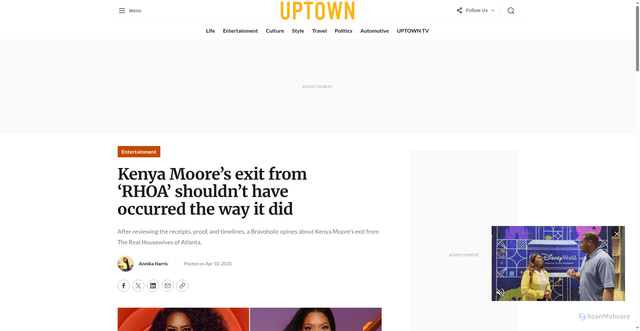 Security scan screenshot of https://uptownmagazine.com/2025/04/10/kenya-moores-exit-from-rhoa-shouldnt-have-occurred-the-way-it-did/