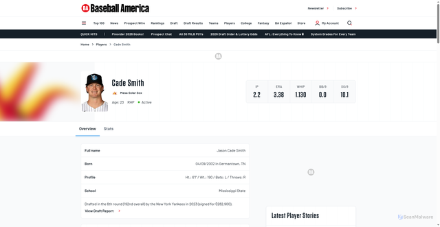 Security scan screenshot of https://www.baseballamerica.com/players/18816-cade-smith/
