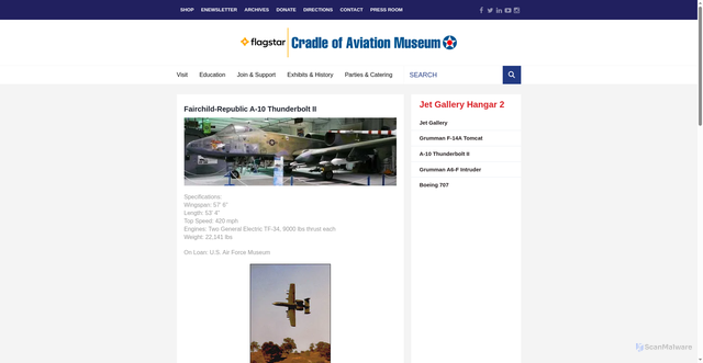 Security scan screenshot of https://www.cradleofaviation.org/history/exhibits/jet_gallery/a-10_thunderbolt_ii.html