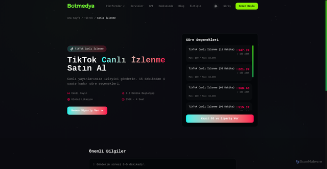 Security scan screenshot of http://botmedya.com/tiktok/canli-izlenme