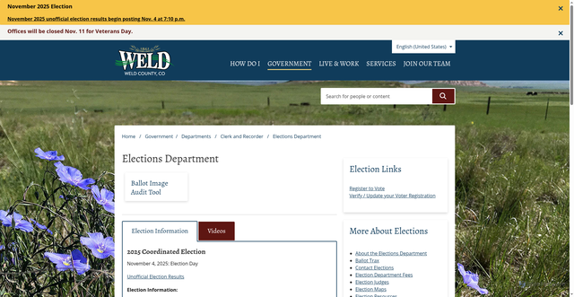 Security scan screenshot of https://www.weld.gov/Government/Departments/Clerk-and-Recorder/Elections-Department
