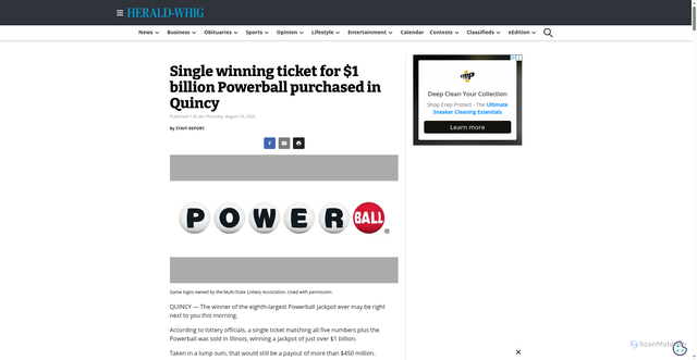 Security scan screenshot of https://whig.com/2026/08/13/single-winning-ticket-for-1-billion-powerball-reportedly-purchased-in-quincy/