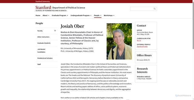 Security scan screenshot of https://politicalscience.stanford.edu/people/josiah-ober