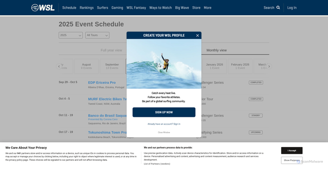 Security scan screenshot of https://www.worldsurfleague.com/events