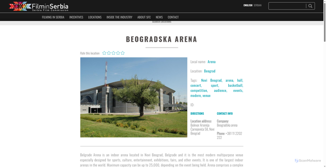 Security scan screenshot of https://www.filminserbia.com/location/beogrdska-arena/
