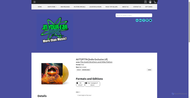 Security scan screenshot of https://inyourearmusicemporium.com/UPC/732388003884