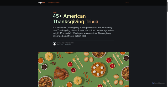 Security scan screenshot of https://crowdparty.app/blog/50-fun-american-thanksgiving-trivia/