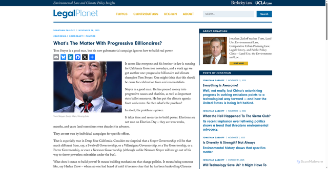Security scan screenshot of https://legal-planet.org/2025/11/28/whats-the-matter-with-progressive-billionaires/