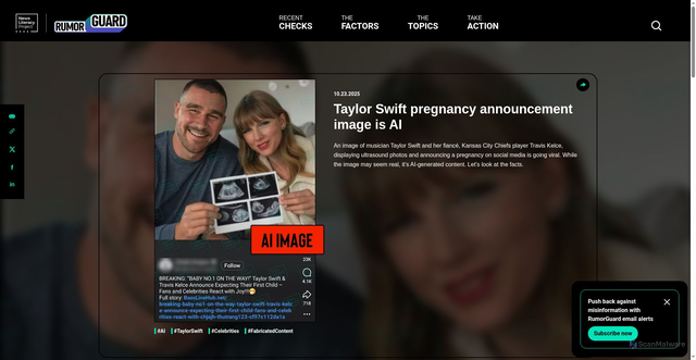 Security scan screenshot of https://www.rumorguard.org/post/taylor-swift-pregnancy-announcement-image-is-ai