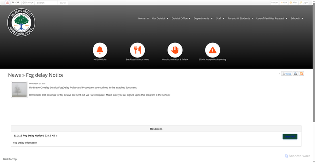 Security scan screenshot of https://www.rbgusd.k12.ca.us/District/news/10590-Fog-delay-Notice.html