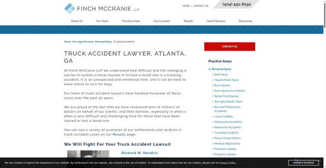 Security scan screenshot of https://www.finchmccranie.com/truck-accident-lawyer.html