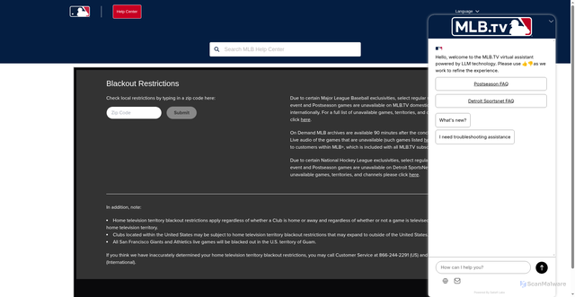 Security scan screenshot of https://support.mlb.com/s/game-availability-locator?language=en_US