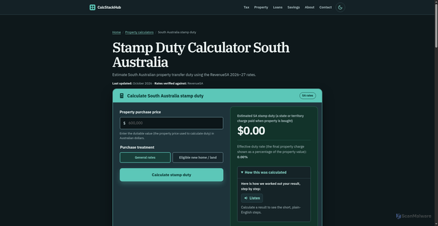 Security scan screenshot of https://calcstackhub.pages.dev/stamp-duty-calculator-south-australia/