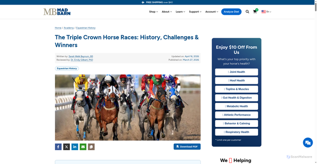 Security scan screenshot of https://madbarn.com/triple-crown-horse-races/?srsltid=AfmBOoojCDRJW3trLoJETKUf1rV9E9YQGoVSzrUfRl2gVhvmyAtYW8Mt