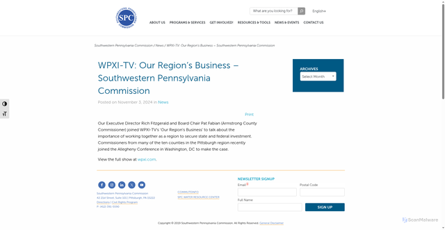 Security scan screenshot of https://www.spcregion.org/2024/11/03/wpxi-tv-our-regions-business-southwestern-pennsylvania-commission/