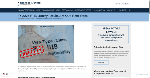 Security scan screenshot of https://rjimmigrationlaw.com/resources/fy-2026-h-1b-lottery-results-are-out-next-steps/