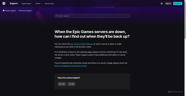 Security scan screenshot of https://www.epicgames.com/help/en-US/technical-support-c-202300000001619/general-support-c-202300000001672/when-the-epic-games-servers-are-down-how-can-i-find-out-when-they-ll-be-back-up-a202300000016459