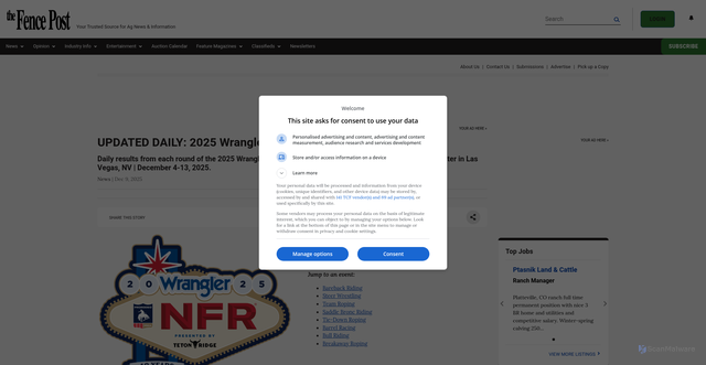 Security scan screenshot of https://www.thefencepost.com/news/updated-daily-wrangler-nfr-round-results-and-averages/