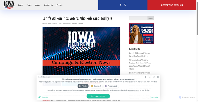 Security scan screenshot of https://www.iowafieldreport.com/campaigns/lahns-ad-reminds-voters-who-rob-sand-really-is/