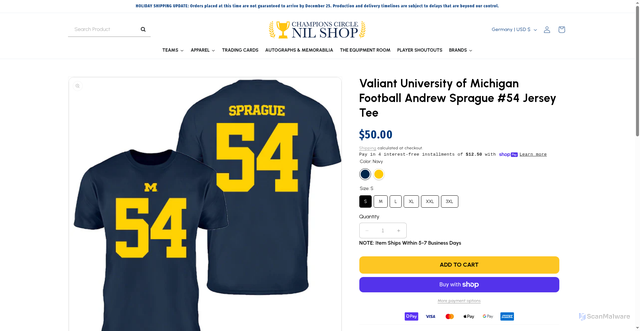 Security scan screenshot of https://shop.championscircleuofm.com/products/valiant-university-of-michigan-football-andrew-sprague-54-jersey-tee?srsltid=AfmBOordPIyzn7_TE_YgTA2M-QOpUlheUdsl-ObrvwZ_pFuudz2W9YJ6