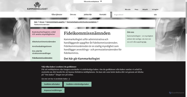 Security scan screenshot of https://www.kammarkollegiet.se/om-oss/kammarkollegiets-uppgifter/kammarkollegiets-stod-till-andra-myndigheter/fideikommissnamnden