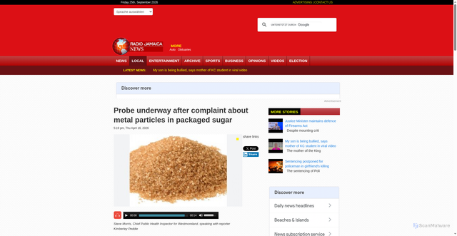 Security scan screenshot of https://www.radiojamaicanewsonline.com/local/probe-underway-after-complaint-about-metal-particles-in-packaged-sugar
