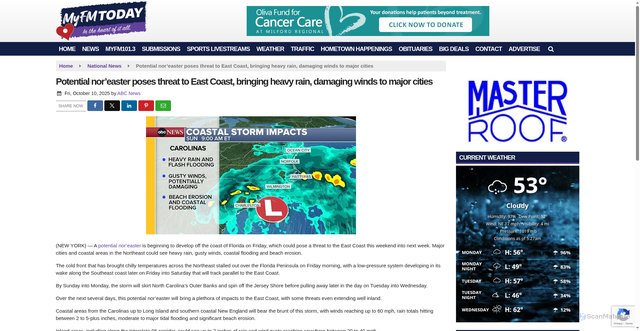 Security scan screenshot of https://www.myfmtoday.com/national-news/potential-noreaster-poses-threat-to-east-coast-bringing-heavy-rain-damaging-winds-to-major-cities/