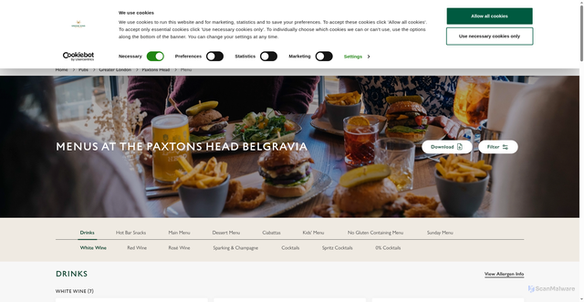 Security scan screenshot of https://www.greeneking.co.uk/pubs/greater-london/paxtons-head/menu